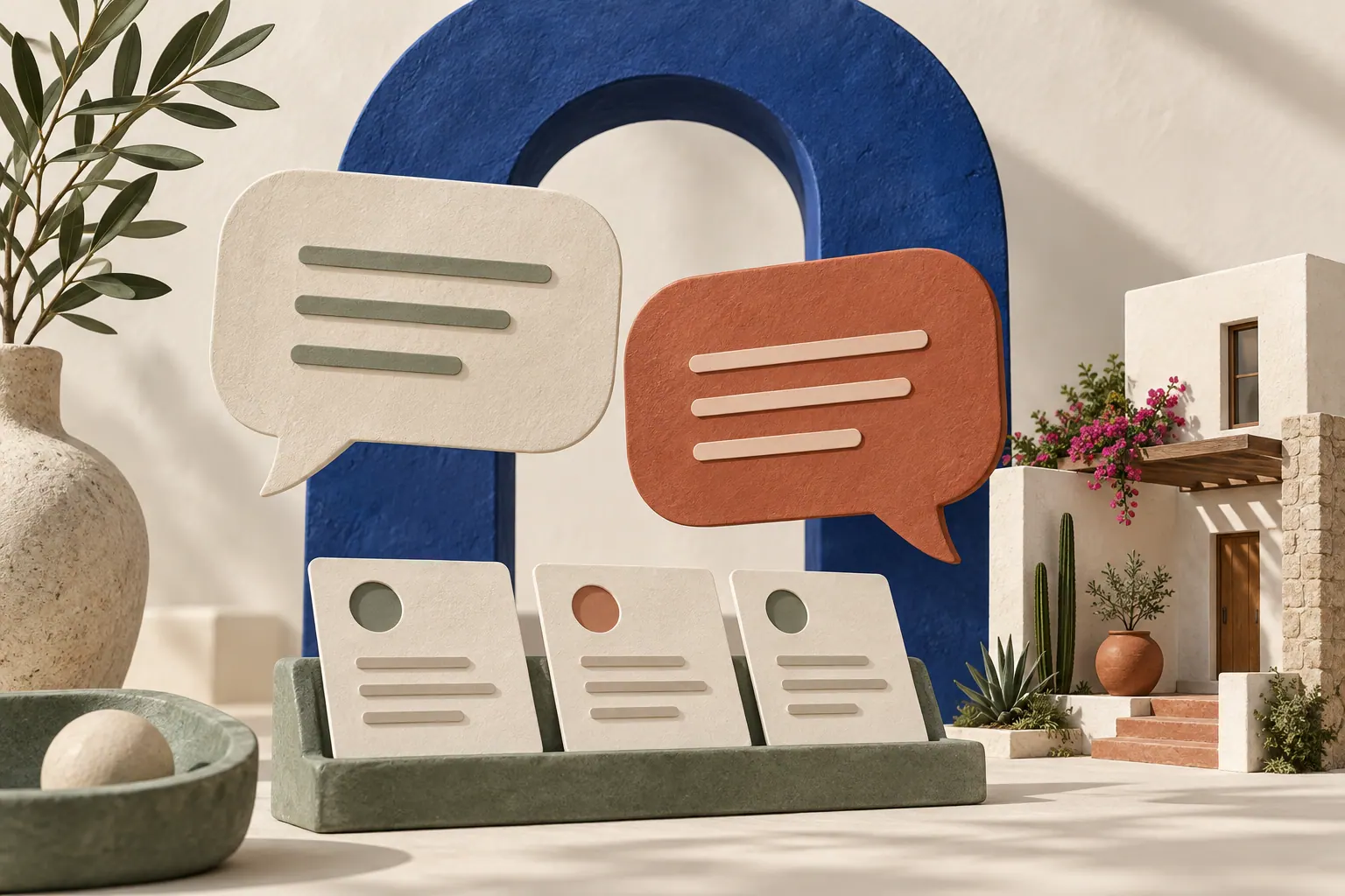 Burbujas de conversación y tarjetas de contacto frente a un arco azul.