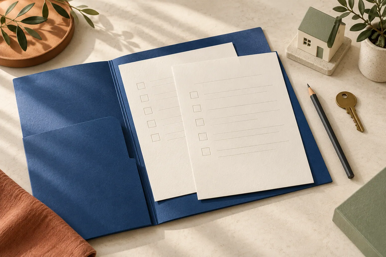 Carpeta azul con hojas de revisión, lápiz, llave y una casa en miniatura.