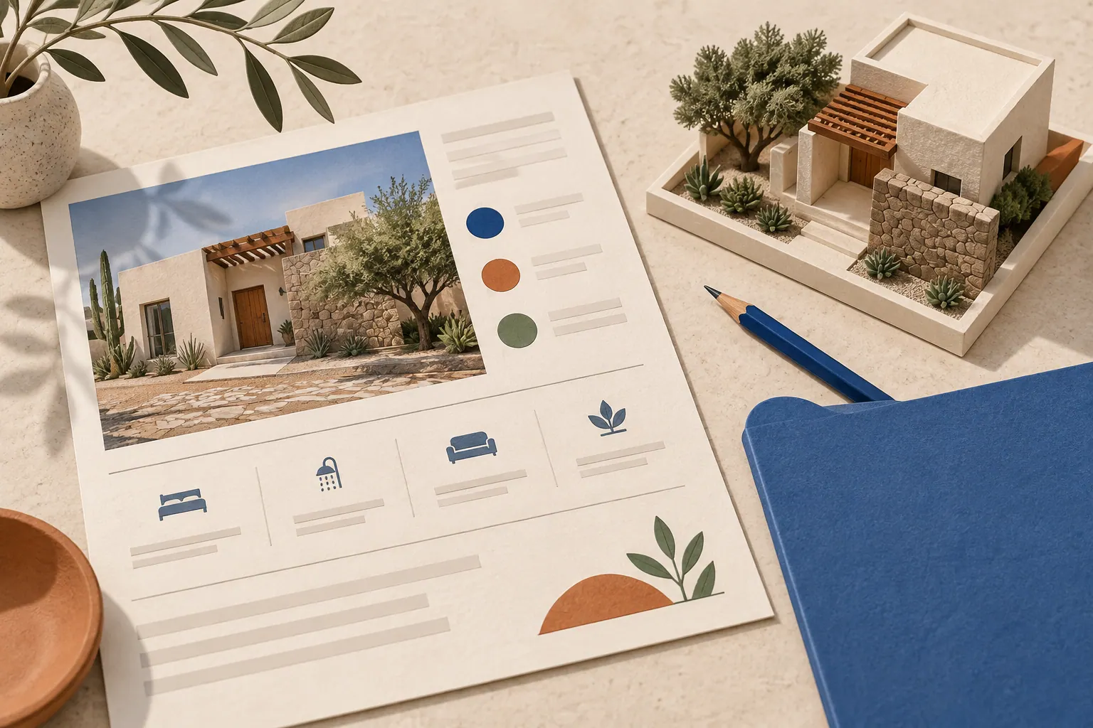 Ficha ilustrada con una casa en miniatura, carpeta azul y lápiz.