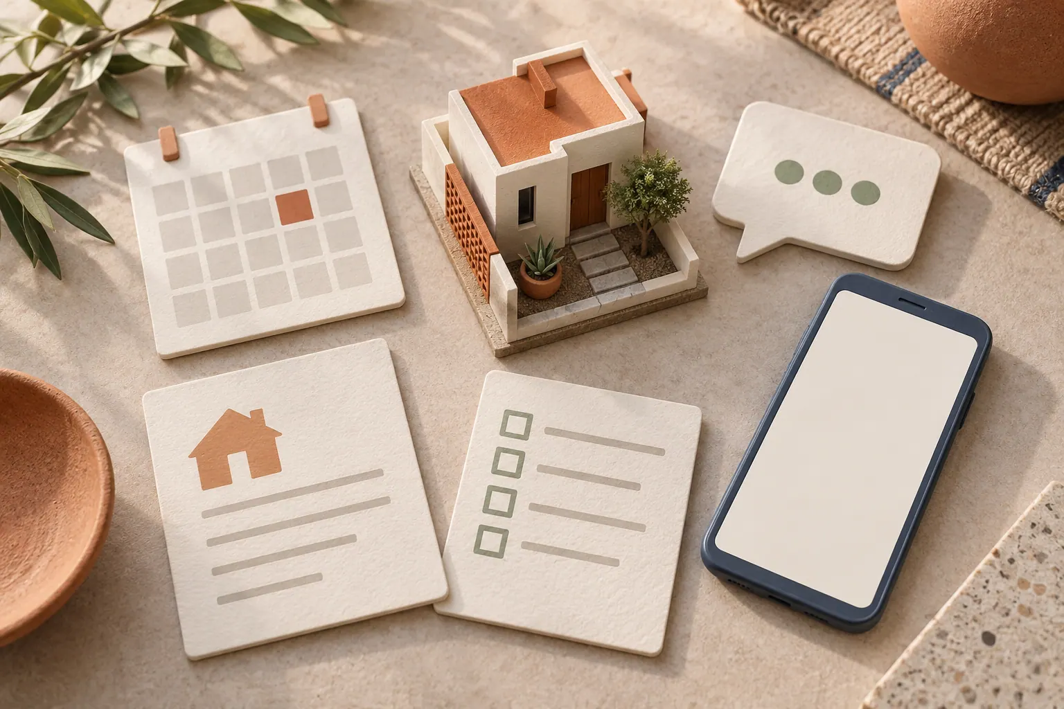 Casa en miniatura junto a tarjetas de calendario, lista y conversación, y un celular.