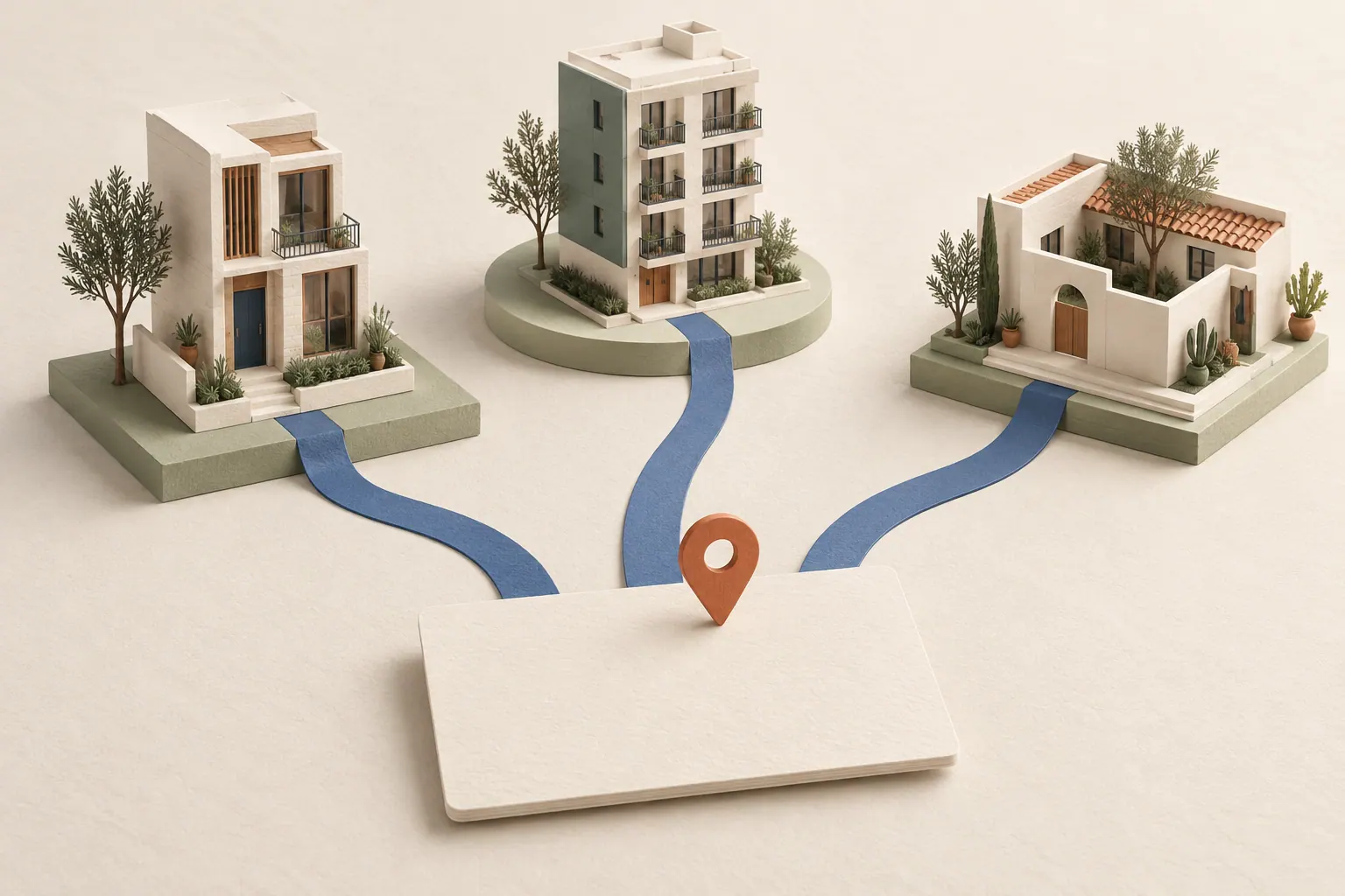 Tres edificios en miniatura conectados con una tarjeta por caminos azules.