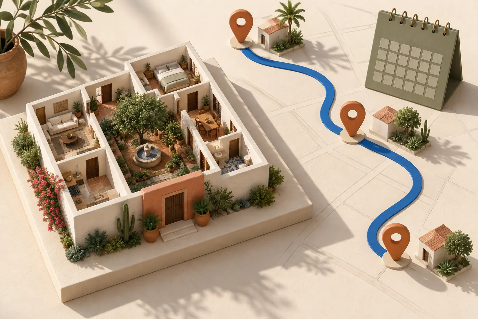 Maqueta de una casa y una ruta azul entre tres marcadores de ubicación.