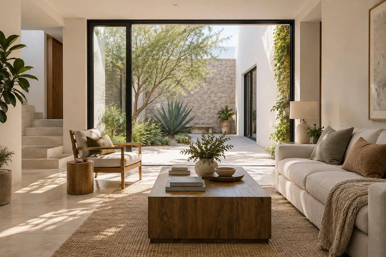Casa mexicana imaginaria con sala abierta a un patio de piedra y vegetación.